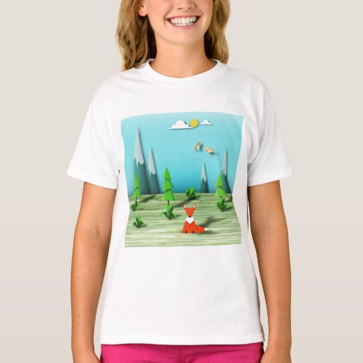 Origami Forest Scene met Fox Mountains en Vogels T-shirt (Voorkant)