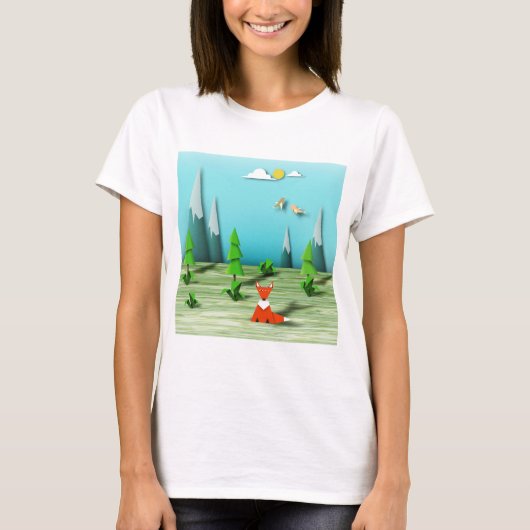 Origami Forest Scene met Fox Mountains en Vogels T-shirt (Voorkant)