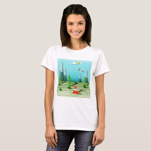 Origami Forest Scene met Fox Mountains en Vogels T-shirt (Voorkant volledig)