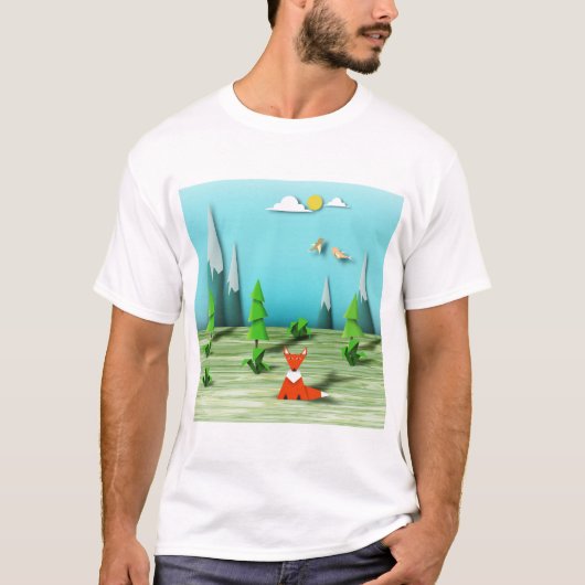 Origami Forest Scene met Fox Mountains en Vogels T-shirt (Voorkant)