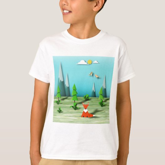 Origami Forest Scene met Fox Mountains en Vogels T-shirt (Voorkant)