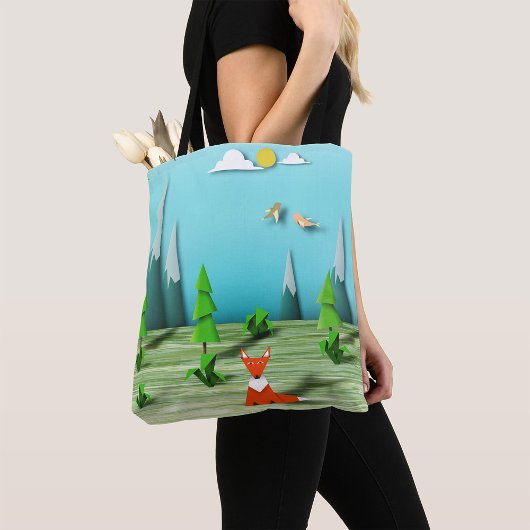 Origami Forest Scene met Fox Mountains en Vogels Tote Bag