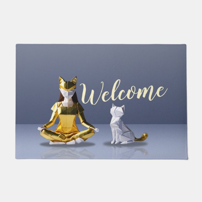 Origami Gold Foil Yoga Meditating Catoman and Cat Deurmat (Voorkant)