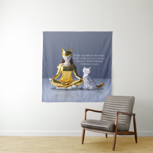 Origami Gold Foil Yoga Meditating Catoman and Cat Wandkleed (In situ)