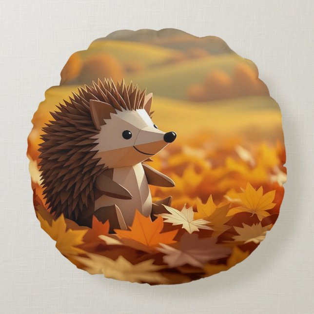 Origami Hedgehog Herfstthema Rond Kussen (Voorkant)