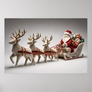 Origami Kerstman Slede met Rendieren Poster
