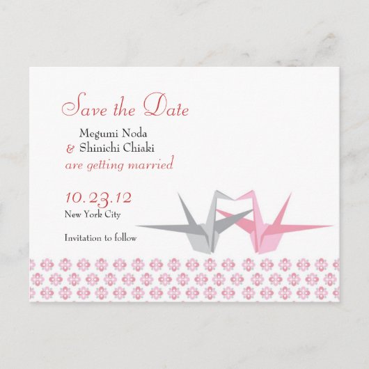 Origami Kraanvogels (Roze Zilver) Trouw S Aankondigingskaart (Voorkant)