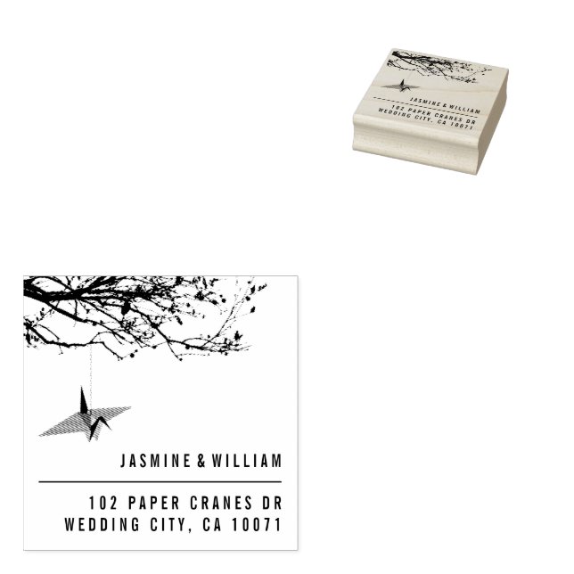 Origami Paper Crane and Branches Asian Wedding Rubberstempel (Gestempeld)