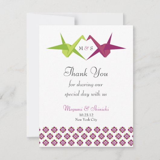 Origami Paper Crane Wedding Bedankkaart (Voorkant)