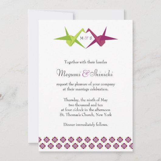 Origami Paper Crane Wedding Kaart (Voorkant)