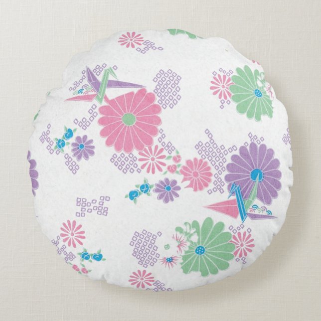 Origami Paper Cranes and Flowers Round Pillow Rond Kussen (Voorkant)