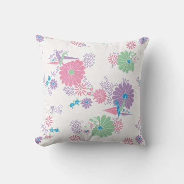 Origami Paper Cranes and Flowers Square Pillow Kussen (Voorkant)
