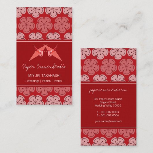 Origami Papier Kranen & Rode Sakura Kersenbloesems Visitekaartje (Voorkant / Achterkant)
