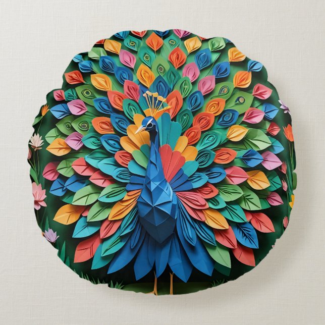 Origami Pauw  Rond Kussen (Voorkant)
