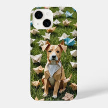 Origami puppy zittend in een bloemenveld