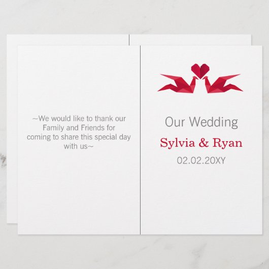 origami red cranes bi voudig Wedding-programma (Voorkant / Achterkant)