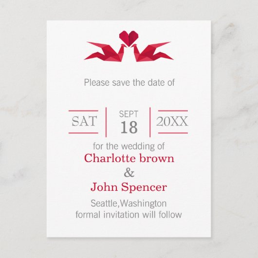 origami red cranes bruiloft , behalve de datums aankondigingskaart (Voorkant)