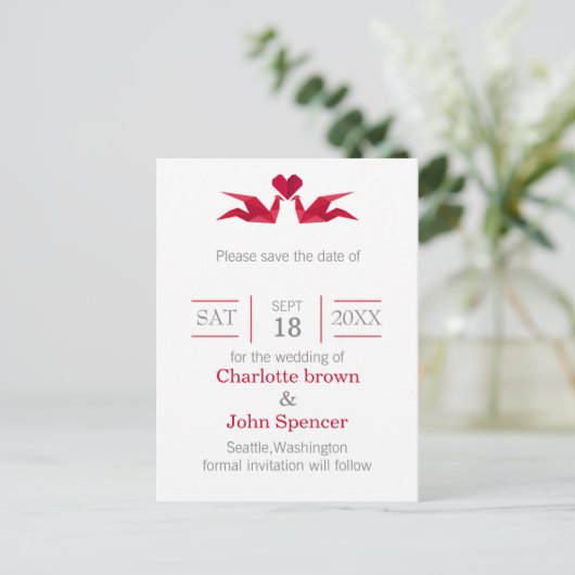 origami red cranes bruiloft , behalve de datums aankondigingskaart (Staand voorkant)
