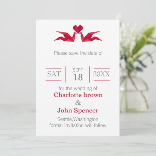 origami red cranes save the date (Staand voorkant)