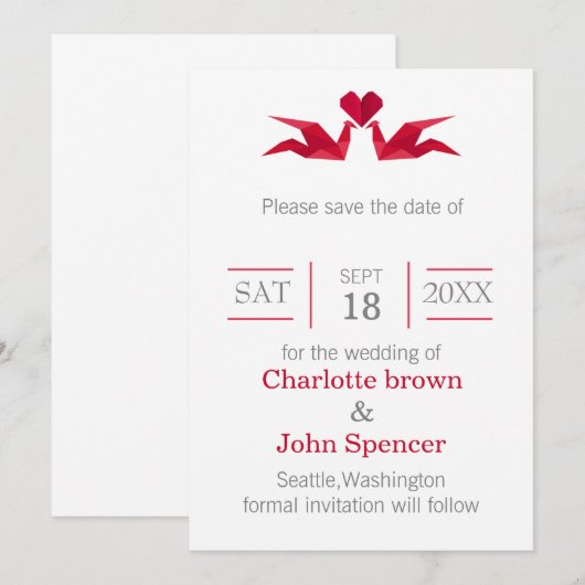 origami red cranes save the date (Voorkant / Achterkant)