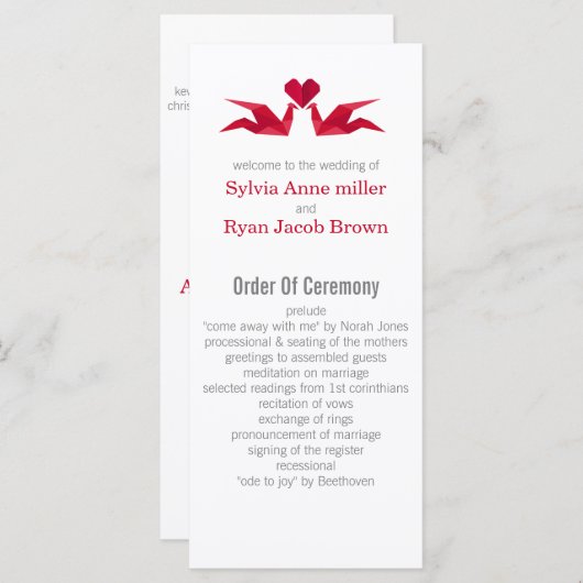 origami red cranes Wedding programme Programmakaart (Voorkant / Achterkant)