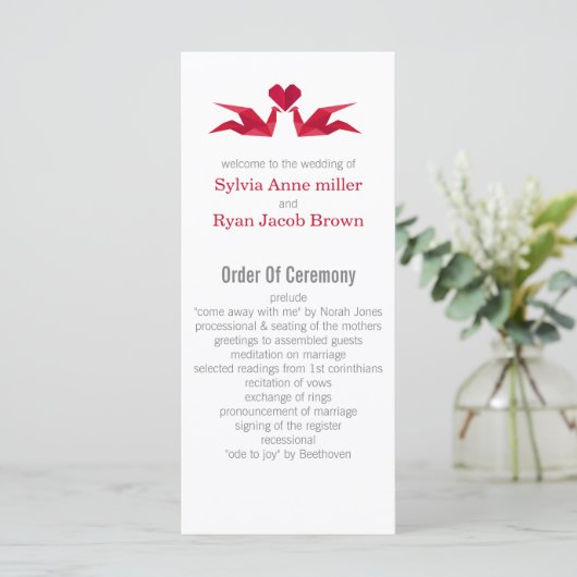 origami red cranes Wedding programme Programmakaart (Staand voorkant)