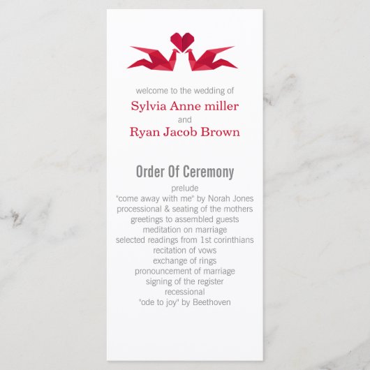 origami red cranes Wedding programme Programmakaart (Voorkant)