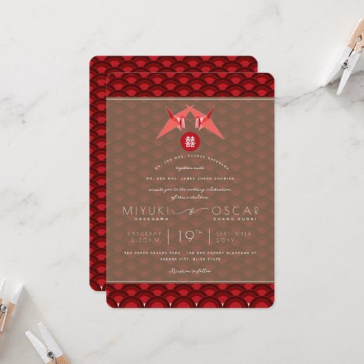 Origami Red Paper Cranes Scallop Asian Wedding Kaart (Voorkant / Achterkant in situ)