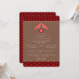Origami Red Paper Cranes Scallop Asian Wedding Kaart