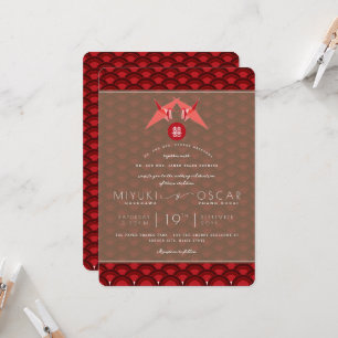 Origami Red Paper Cranes Scallop Asian Wedding Kaart