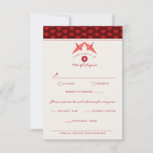 Origami Red Paper Cranes Scallop Asian Wedding RSVP Kaartje (Voorkant)