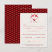 Origami Red Paper Cranes Scallop Asian Wedding RSVP Kaartje (Voorkant / Achterkant)
