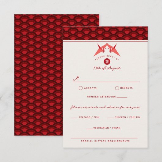 Origami Red Paper Cranes Scallop Asian Wedding RSVP Kaartje (Voorkant / Achterkant)