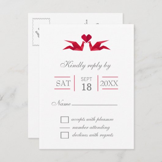 origami rode kranen bruiloft RSVP Uitnodiging Briefkaart (Voorkant / Achterkant)
