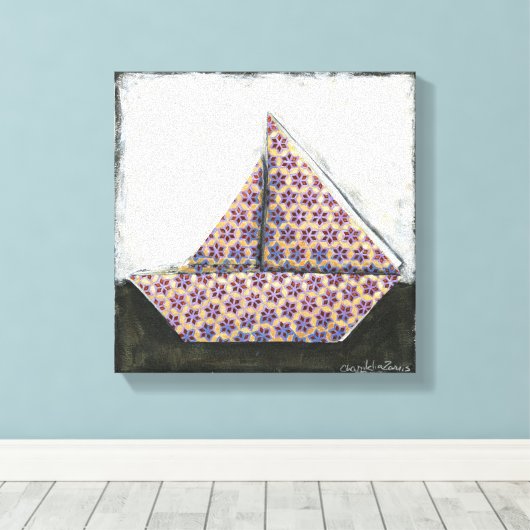 Origami Sailboat on Star Design Paper Canvas Afdruk (Insitu (Houten vloer))
