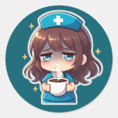 Original Chibi Nurse - Coffee with Tired Ronde Sticker (Voorkant)