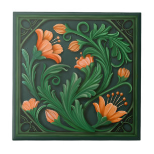 Origineel artwork Groene en Oranje bloemen Tegeltje