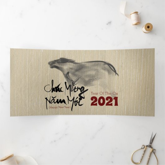 Origineel OX Vietnamees Nieuwjaar 2021 3FC Drieluik Wenskaart (Binnen)