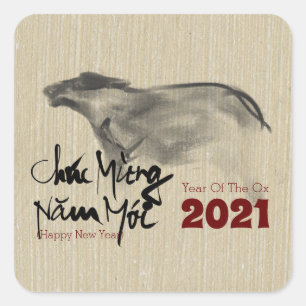 Origineel OX Vietnamees nieuwjaar 2021 SqS Vierkante Sticker