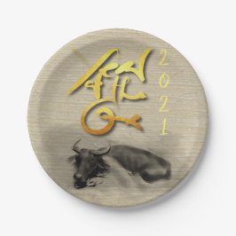 Origineel Schilderij Water Buffalo Ox Nieuwjaar PP Papieren Bordje