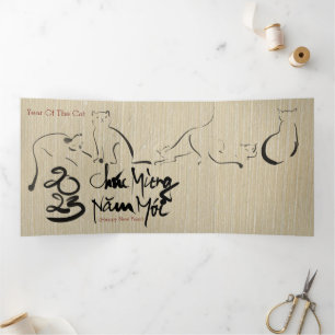 Origineel schilderkat Vietnamees nieuwjaar 2023 3F Drieluik Wenskaart