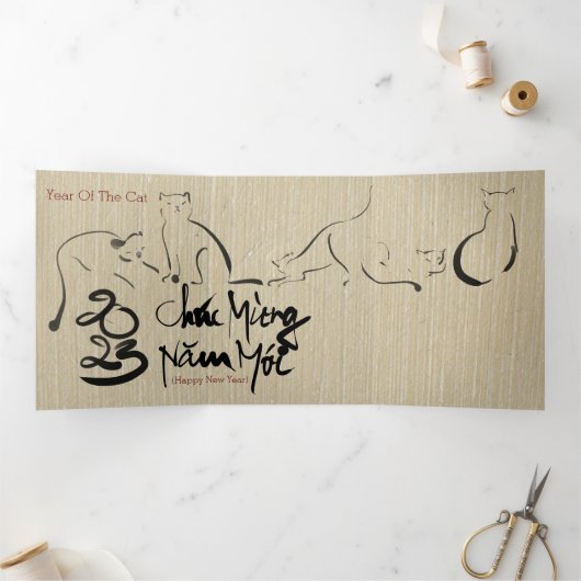 Origineel schilderkat Vietnamees nieuwjaar 2023 3F Drieluik Wenskaart (Binnen)