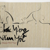 Origineel schilderkat Vietnamees nieuwjaar 2023 3F Drieluik Wenskaart (Binnenkant midden)