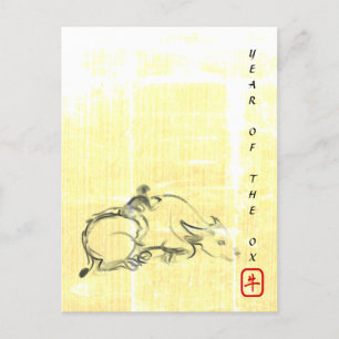 Origineel schilderwater Buffalo Child Ox Year HpC Feestdagenkaart