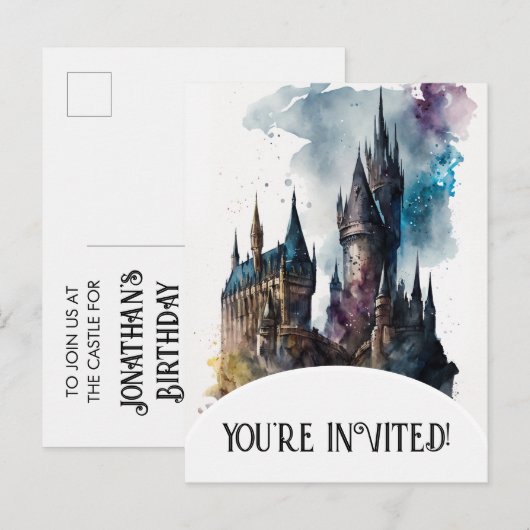 Originele Aquarel Kasteel Verjaardags Kunstwerk Uitnodiging Briefkaart (Voorkant / Achterkant)