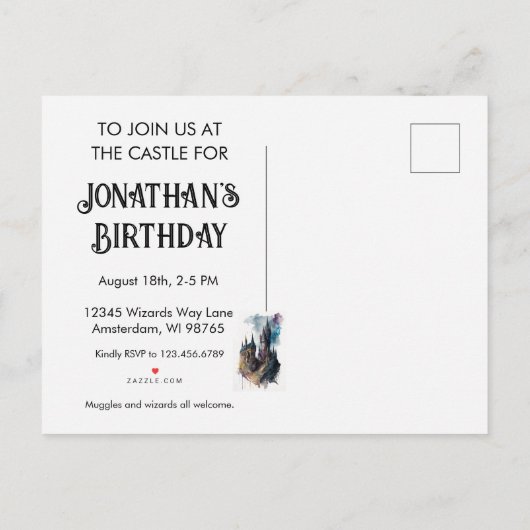 Originele Aquarel Kasteel Verjaardags Kunstwerk Uitnodiging Briefkaart (Achterkant)