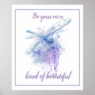 Originele Aquarel Libel in Blauw Mauve Citaat Poster