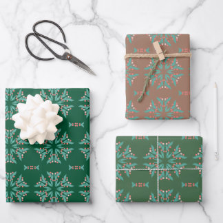 Originele bloemenrode bessen sneeuwvlok ornamenten inpakpapier vel