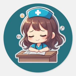 Originele Chibi Verpleegster - Een beetje Uitgeput Ronde Sticker