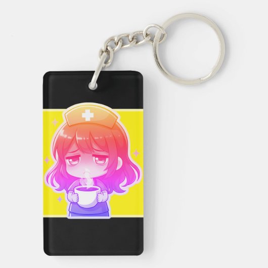 Originele Chibi Verpleegster - Koffie met Vermoeid Sleutelhanger (achterkant)